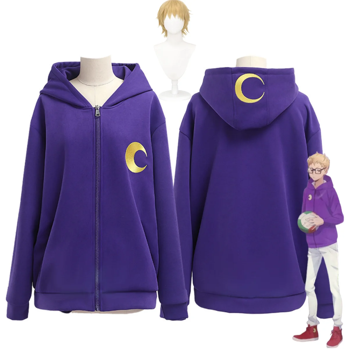 

Anime !! Kei Tsukishima Cosplay Costume Wig Daily Deep Purple Hooded Coat Pullover Hoodie Adult Man Woman Party Suit