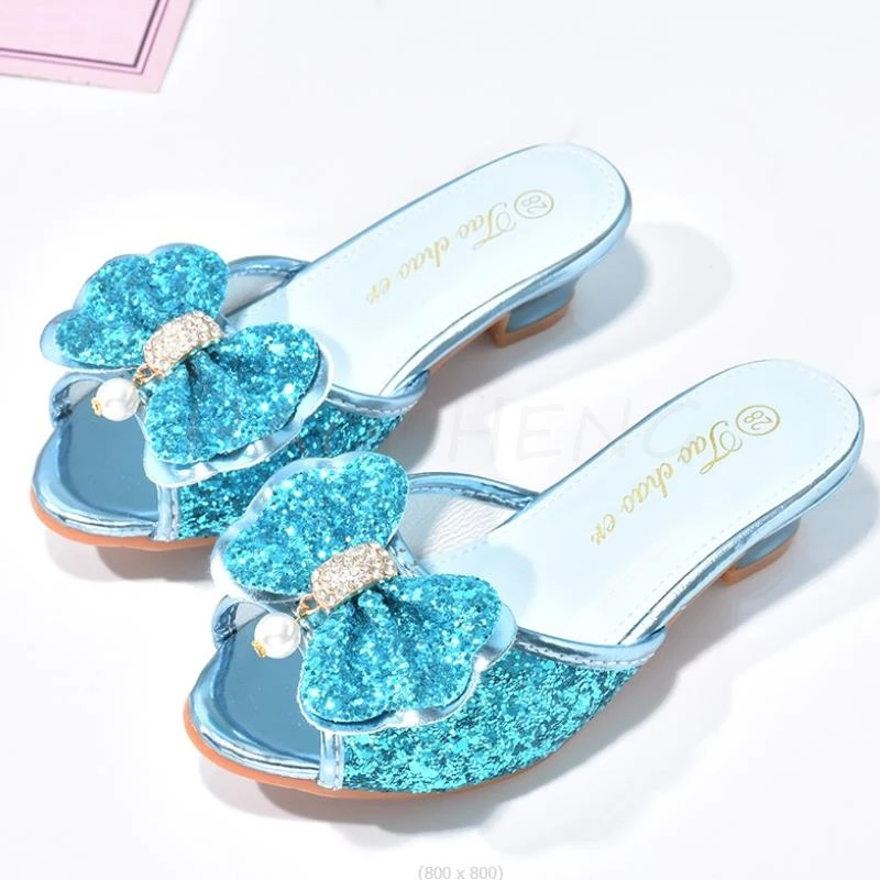 Hot Girls Summer Sandals Slipper Sequined Princesse Children High Heel Party Dress Frozen Elsa Shoes Leather Slipper Kids Slides