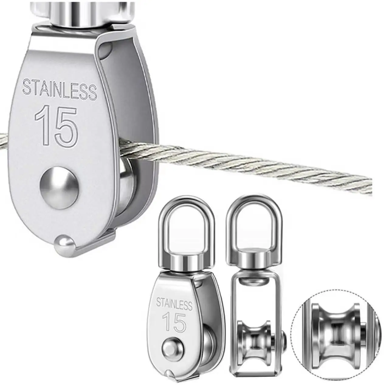 Stainless Steel Wire Rope Crane Pulley Block M15 Lifting Crane Swivel Hook Single Pulley Block for Hanging Wire Towing Wheel