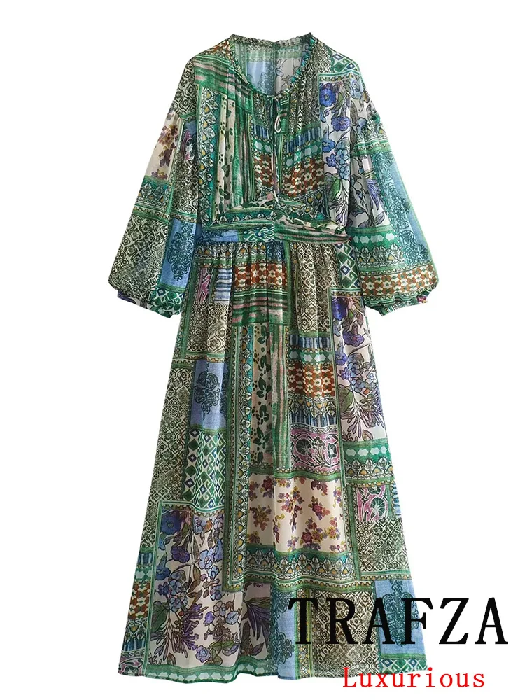 

TRAFZA Vintage Chic Women Dress Printing V-Neck Pullover Straight Loose Vestidos New Fashion 2024 Spring Holiday Female Dress