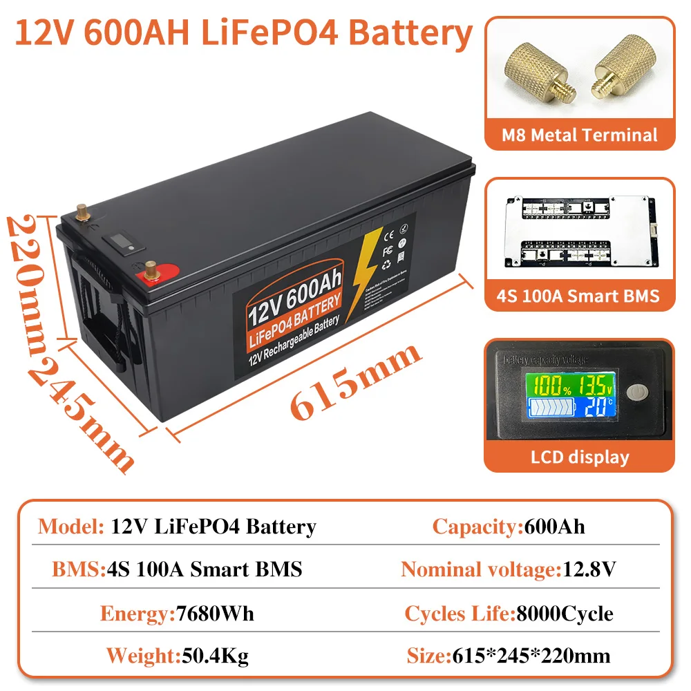 12V 600Ah 500Ah 300Ah 200Ah 100AH LiFePO4 Lithium Iron Phosphate Battery Built-in BMS 8000 Cycle For Golf Cart Solar RV Tax Free