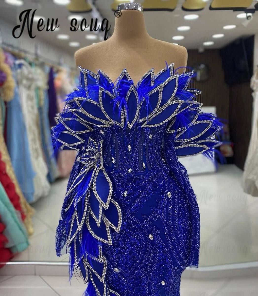 Vintage Royal Blue Appliques Evening Dress Woman\'s Feather Wedding Party Gowns Long Sleeve Mermaid Prom Dresses Robes de Soirée