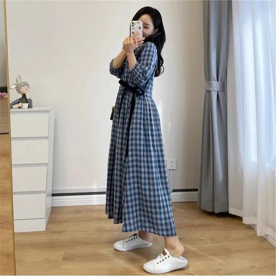 2022 Summer Pure Cotton Korean Loose Blue Plaid Waist Closing Medium Length Dress Women\'s Fashion Versatile