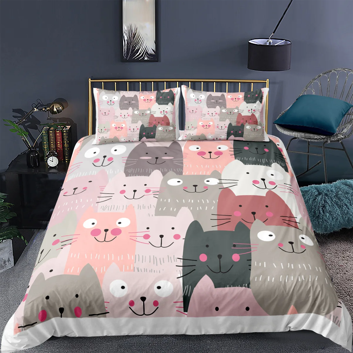 Cat Duvet Cover Polyester Pattern with Hipster Playful Feline Characters, Decorative 3 Piece Twin Bedding Set with 2 Pillow Sham