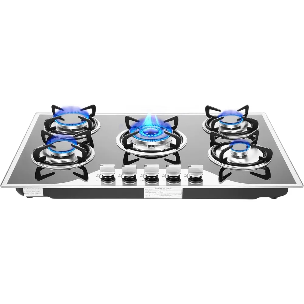 Estufa de gas de 30 pulgadas, estufa integrada de 5 quemadores de acero inoxidable, estufa convertible LPG/NG, placa de gas sellada con combustible doble, vidrio templado Ki