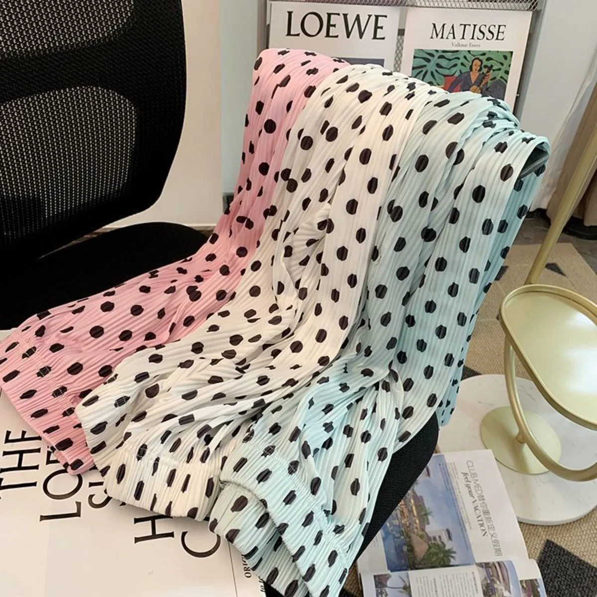 Summer Anti-UV Polka Dot Pleated Wide Leg Pants Women's Korean Style High Waist Small Size Casual Loose Cool Pants