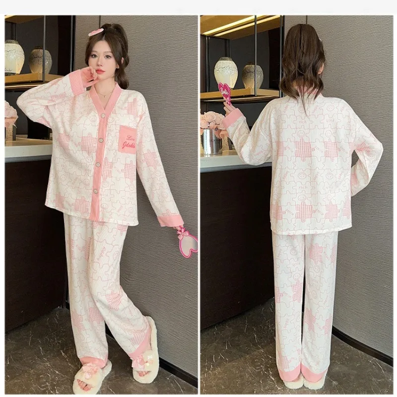 5XL Plus Size Cotton Plaid Loose Pajamas Set Women with Chest Pad Autumn Korean Long Sleeve Cardigan Trouser Can Be Worn Outside