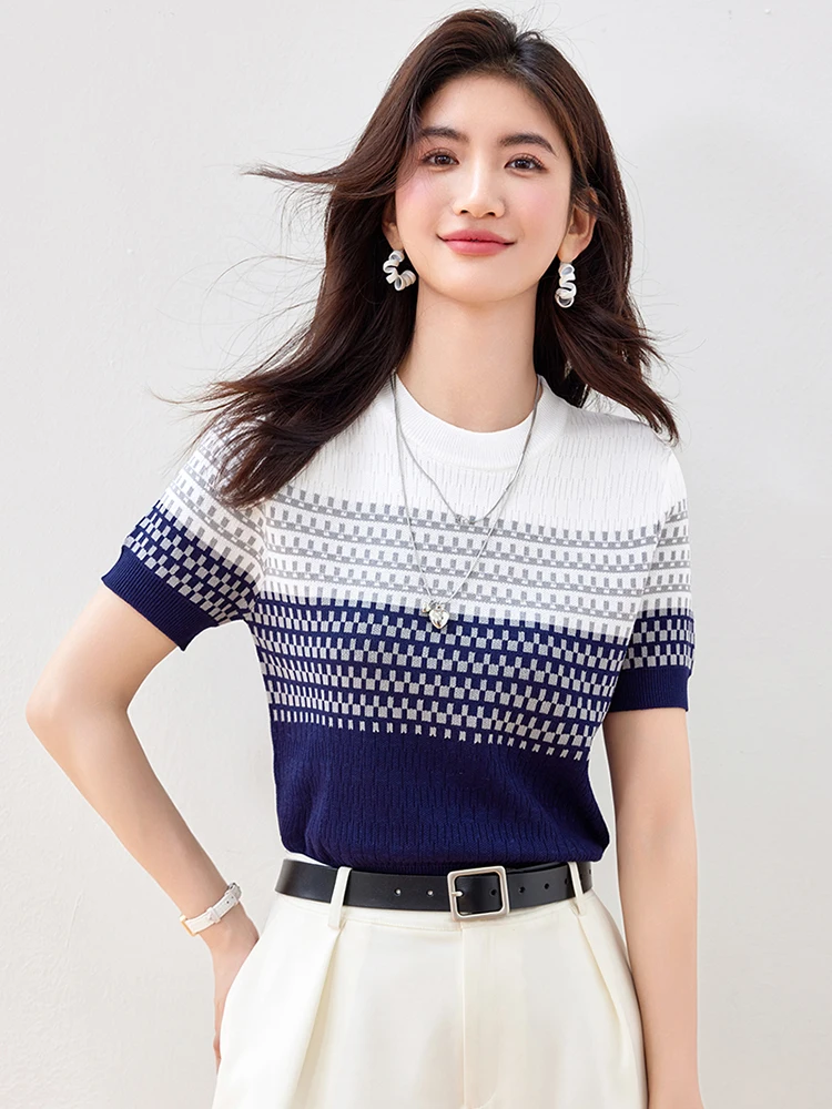 Korean Style Fashion O Neck Contrast Color Striped Tops 2024 New Summer Casual Short Sleeve Knitted T-Shirt