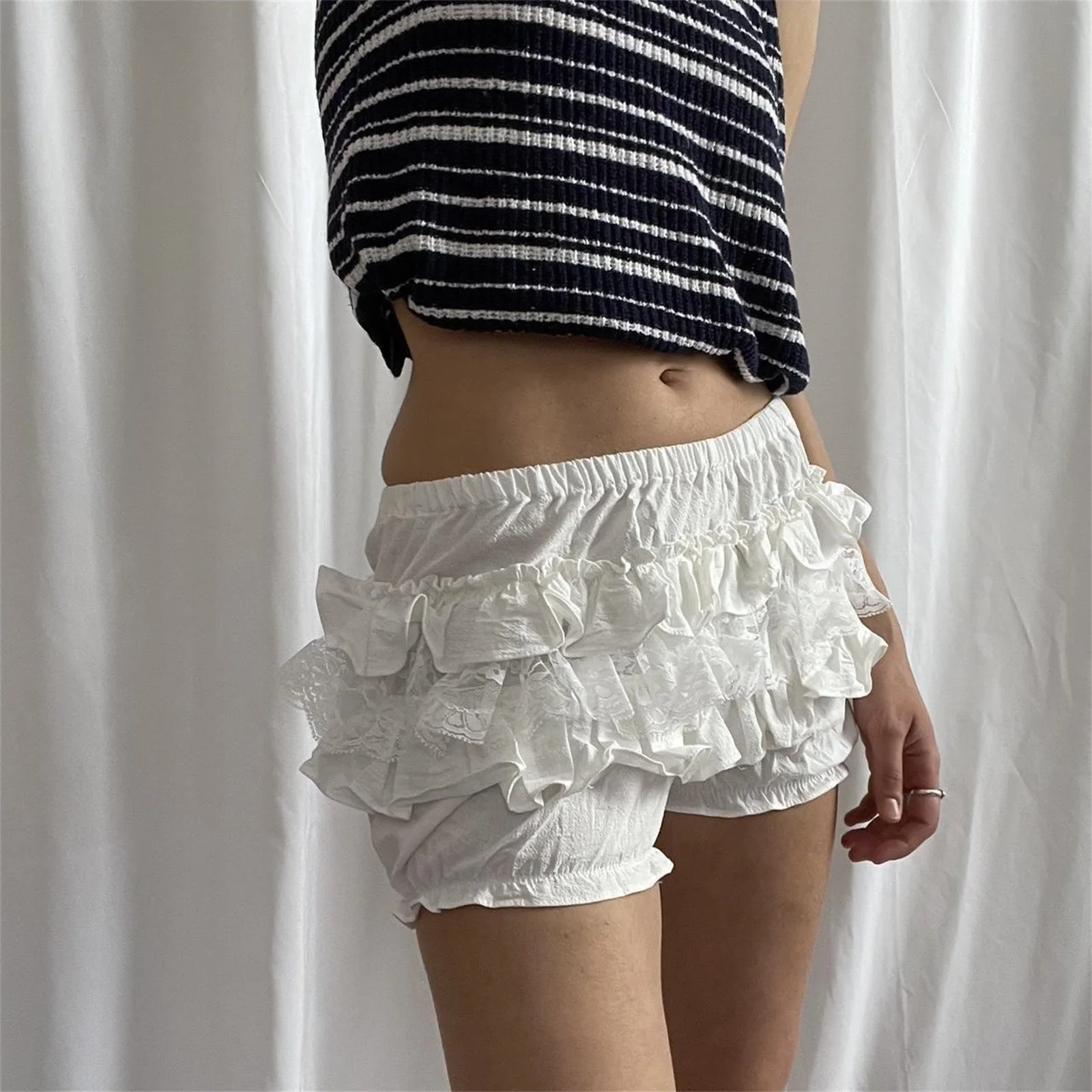 Kawaii Women's Elegant Women Bloomer Shorts Summer Elastic Waist Layered Solid Casual Shorts Streetwear for Dailywear