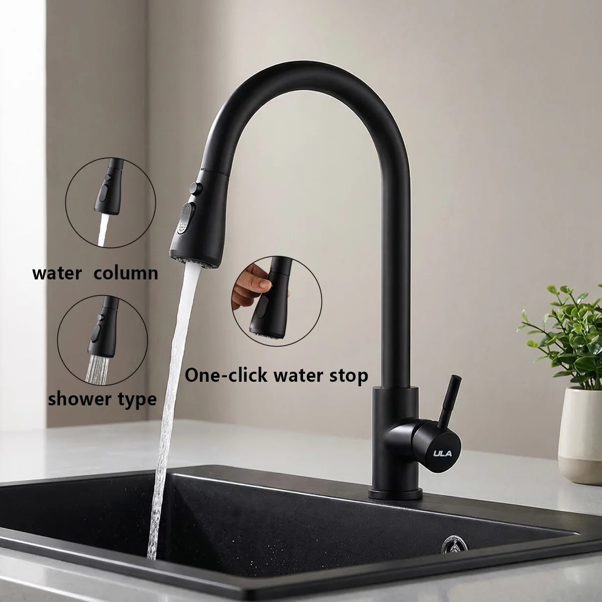 360° Rotatable Black Stainless Steel Pull Out Kitchen Faucet Single Hole Sink Mixer TapSuitable for washing vegetables