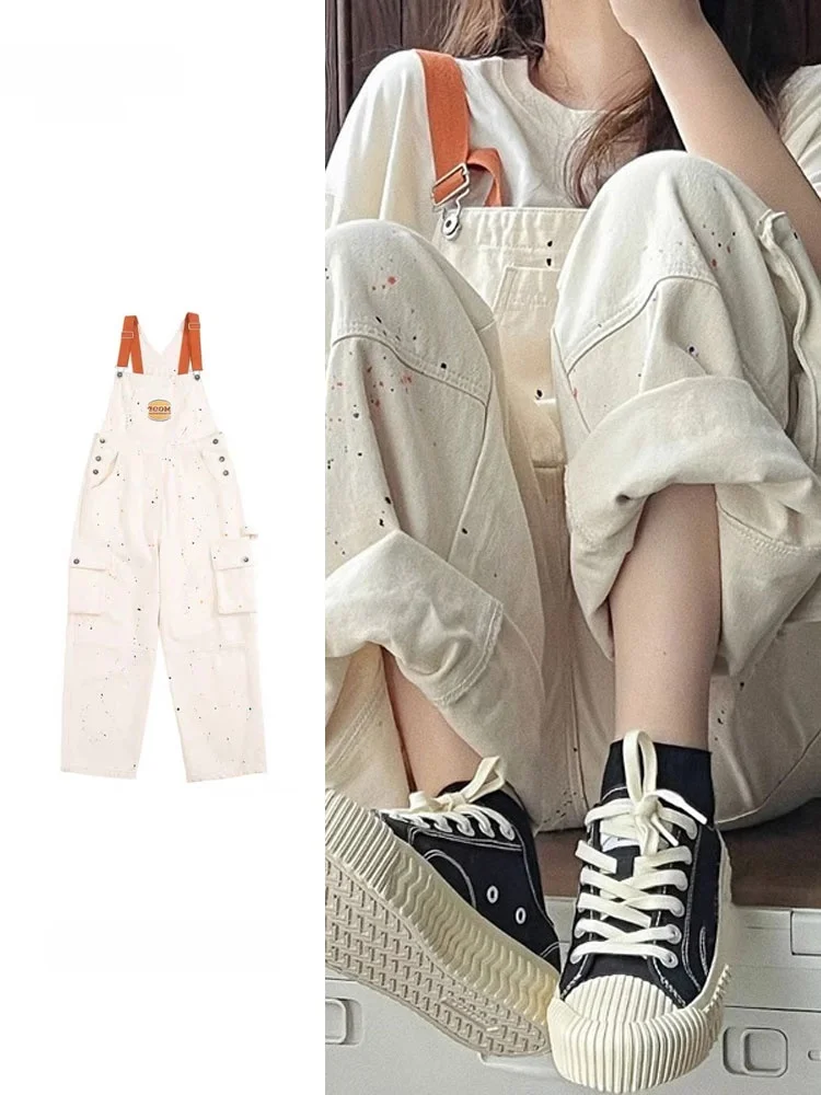 plus Size Denim Overalls Women's Splashed Ink Wide Leg Pants High Waist Long Trousers Four Seasons Usual Thickness Button Clo...