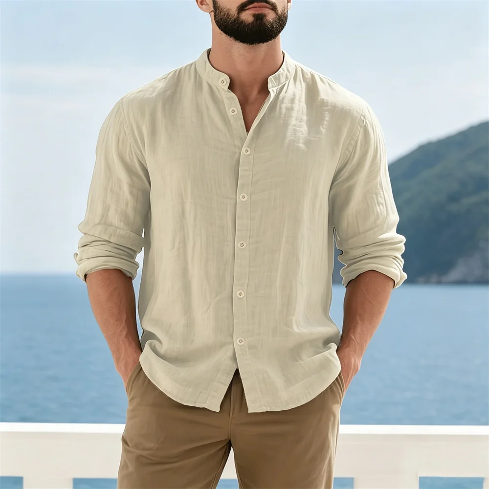 Men's Cotton Linen Shirt Lightweight Breathable Casual Solid Color Long Sleeve Henley Neck Single Breasted Male Daily Tops