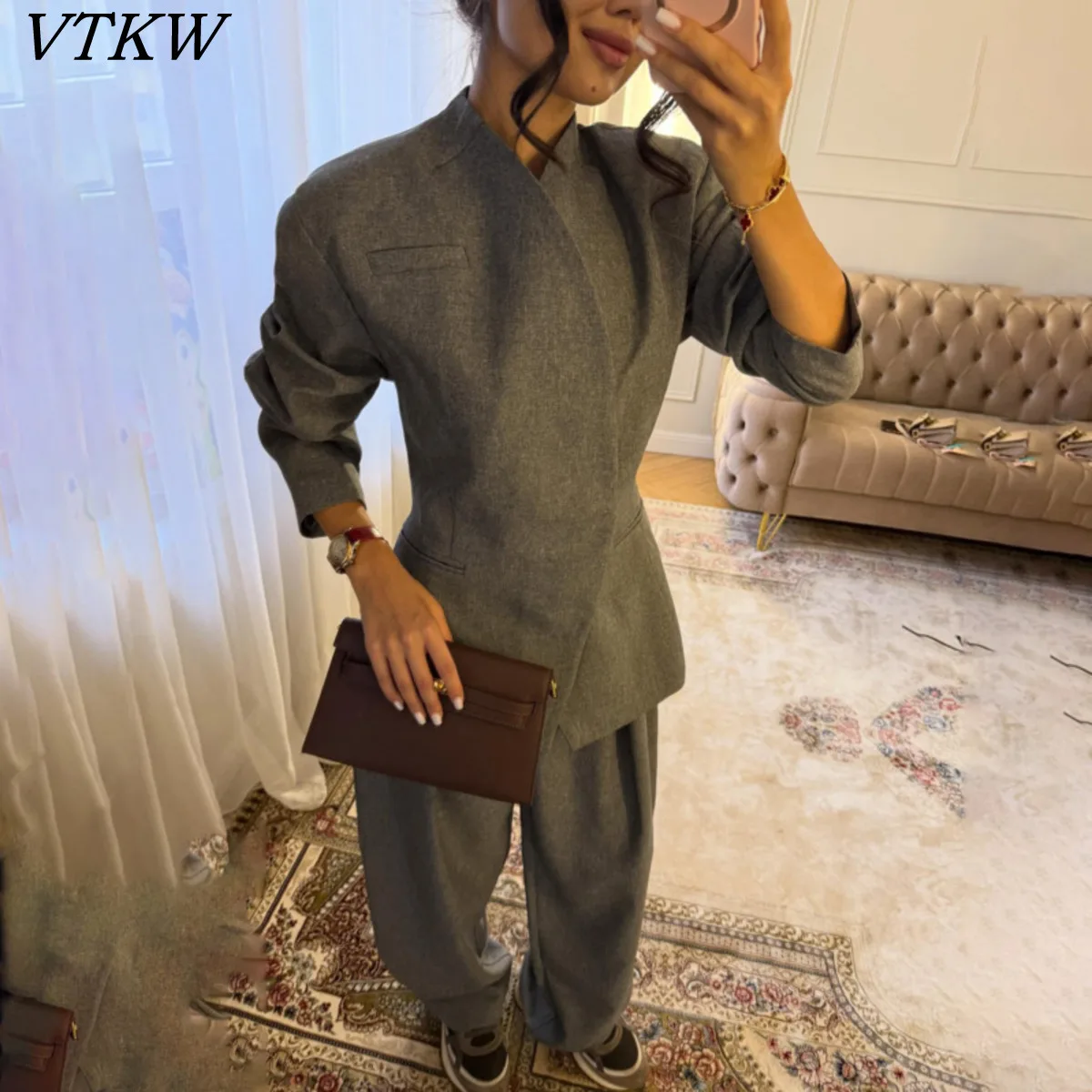 

VTKW 2026 New Women Two Piece Suit Set Mandarin Collar Frog Button Long Sleeve High Waist Wide Leg Pants Elegant Formal Outfit