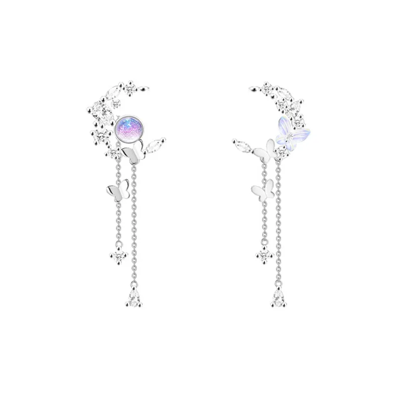 Temperament 925 Sterling Silver Butterfly Crystal Zircon Long Tassel Earrings For Women Girls Wedding Party Fashion Jewelry Gift