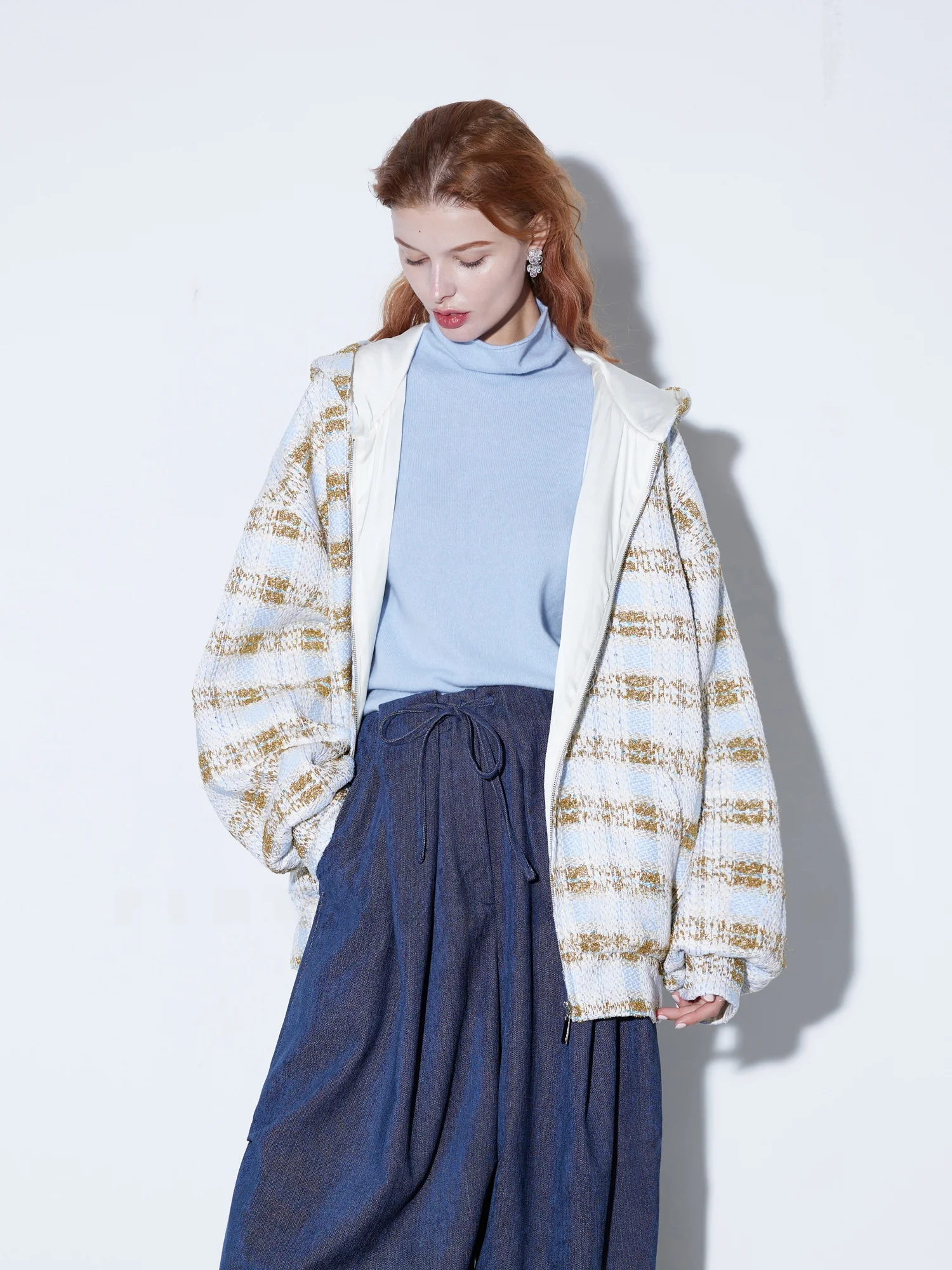 

Finocci Autumn Heavyweight iny Oversize BF Sle Толстовка с капюшоном Jaet Mixed Weave Blue Gold Plaid Casual Loose Fit Long Sve Wom...