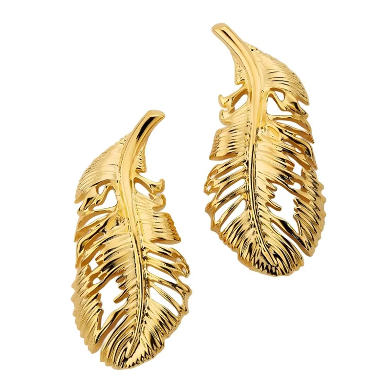 Os Hollow Feather Stud Earrings, 3D Embossed Carved Golden Leaf Feather Minimalist Elegant Fashion Ear Jewelry Gift for Women