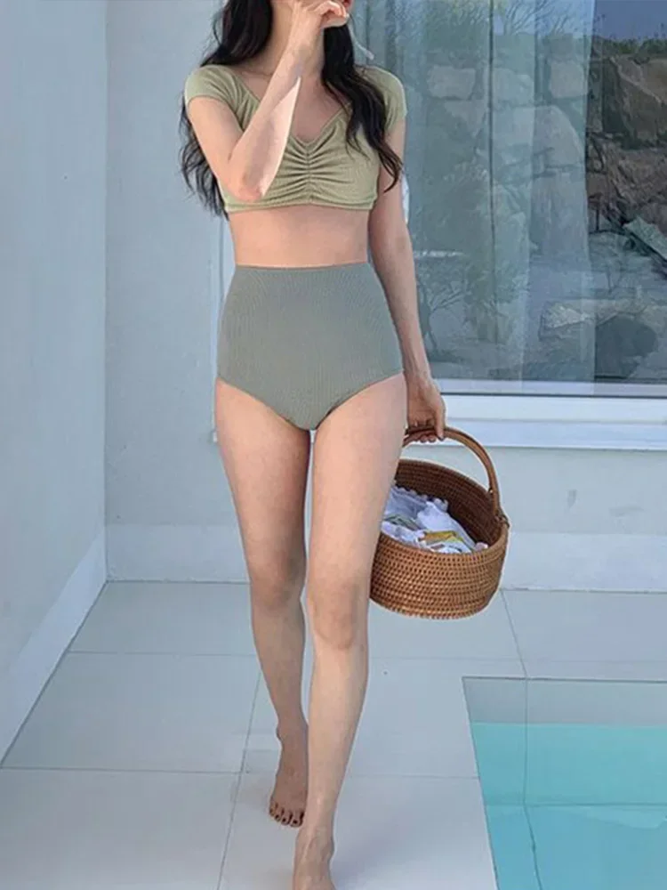 Sexy V Neck Pleated Bikini 2 Piece Set Women Split Swimsuit High Waist Beach Vacation Bikini 2025 New Summer Swimwear Bikini Set