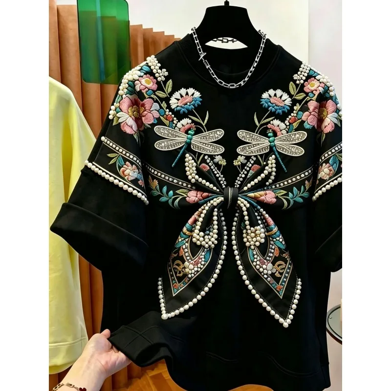 Black Embroidered Beaded Short-sleeved T-shirt Niche Summer New Extra-large Size Top Both Men Women Look Slimmer and Versatile
