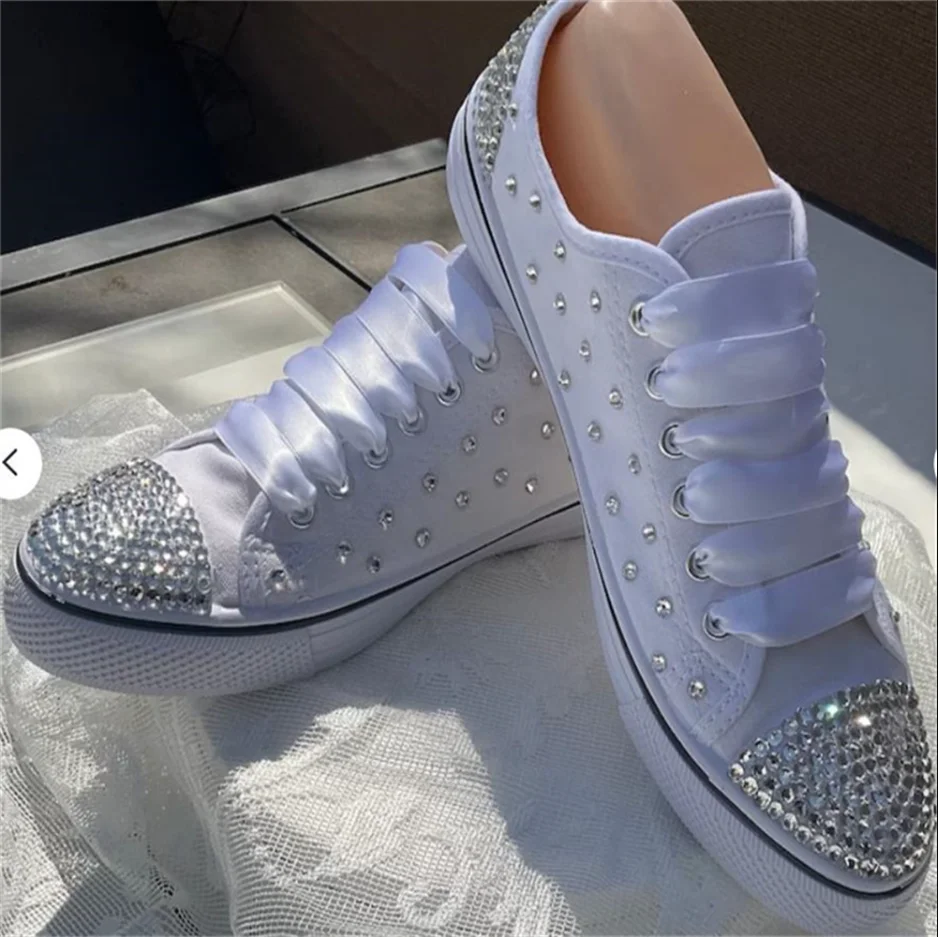 Custom silver rhinestone lace low top Everything sports leisure walking canvas shoes large size 35-46