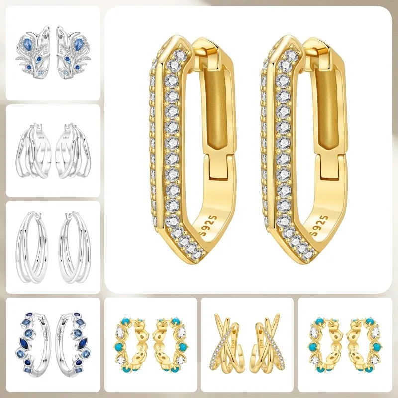 

MISEFF 925 Sterling Silver Geometry Simple golden inlay Zircon Hoop Earrings Zircon Silver Earrings Lady Women Gifts Jewelry