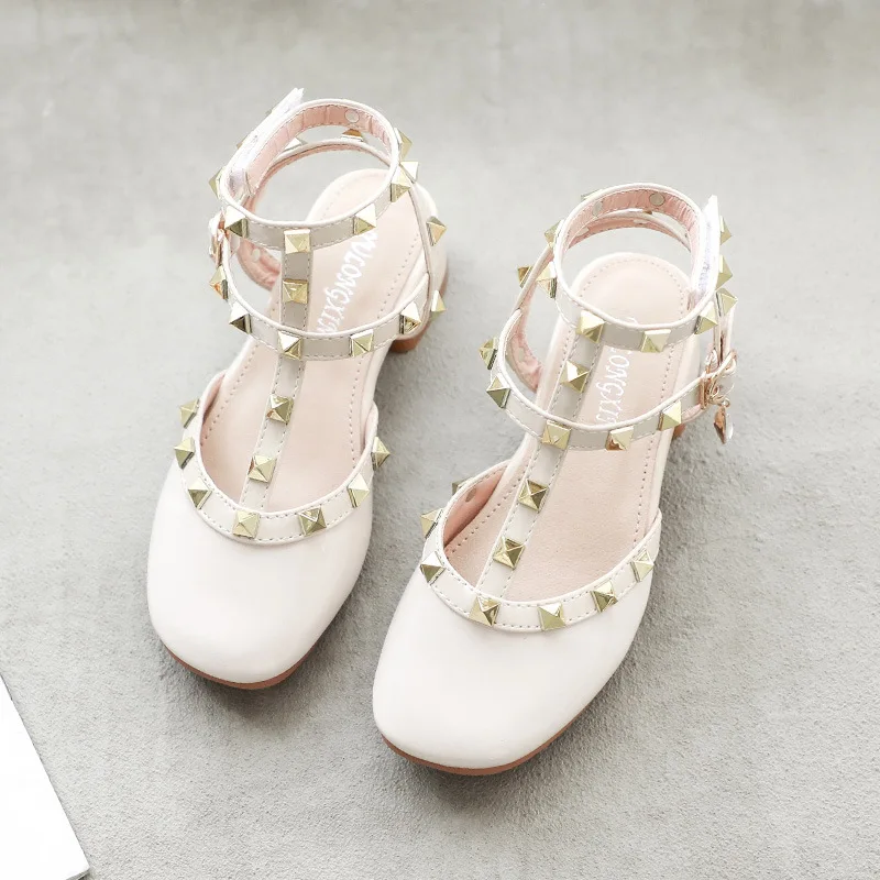 Girls Princess Shoes 2022 Spring Fashion Mary Jane Dress Shoes Baby Shoes Kids Middle Heel Patent Brand Rivet Metal Soft Sole