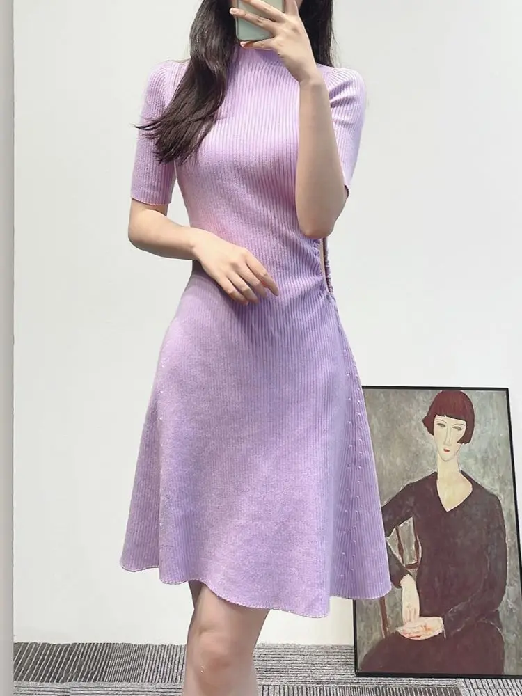 Women Purple Knitted Dress Hollow Out Waist O-Neck Short Sleeve Back Buttons Slim Summer 2024 Mini Robe