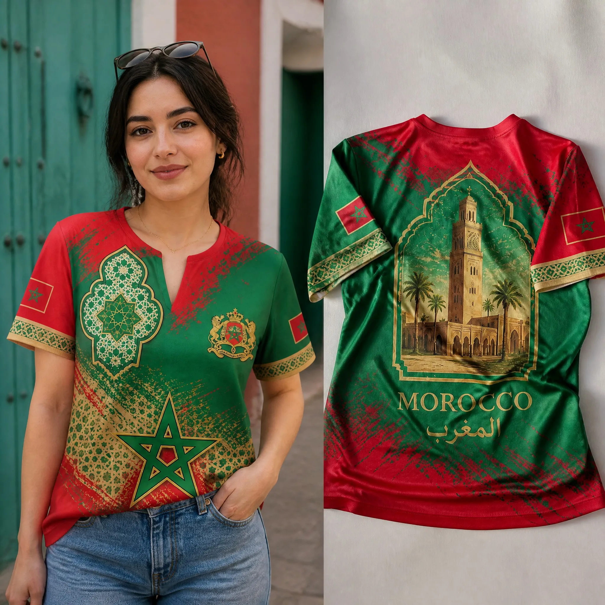 Morocco Womens V Neck Short Sleeve T Shirt Geometric Crest Graphic Casual Summer Tee Mosque Art Streetwear Top Bright Daily Wear