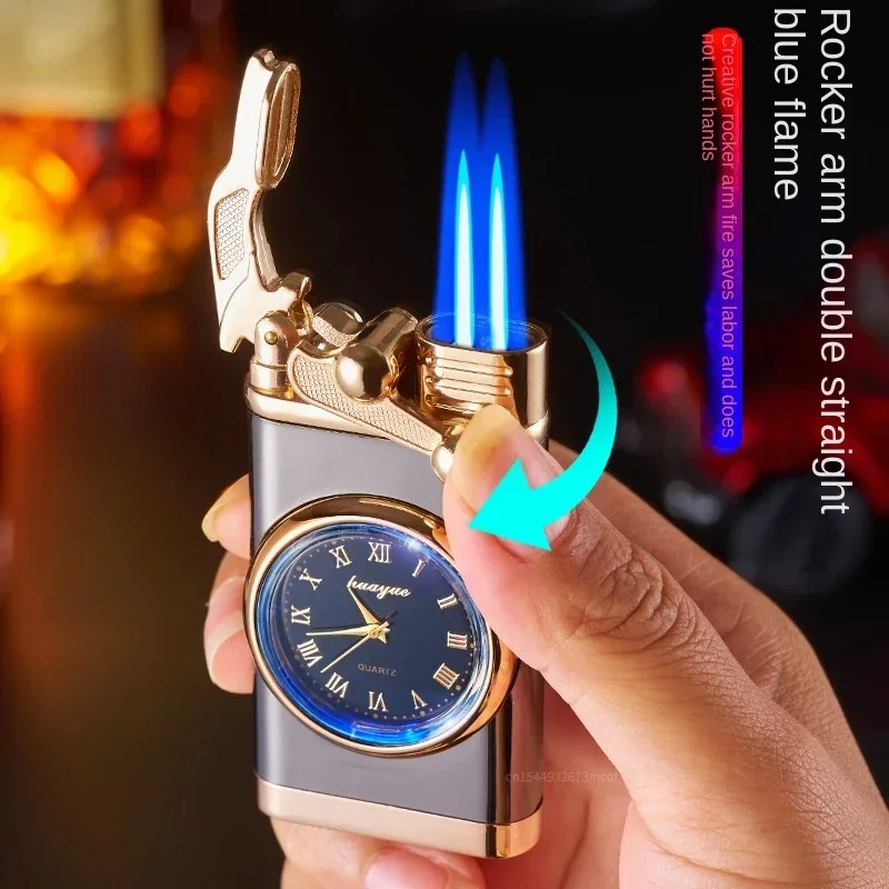 New Creative Watch Windproof Gas Lighter with LED Light Watch Cigar Lighter Outdoor Jet Double Barrel Lighter Men's Gadget Gift