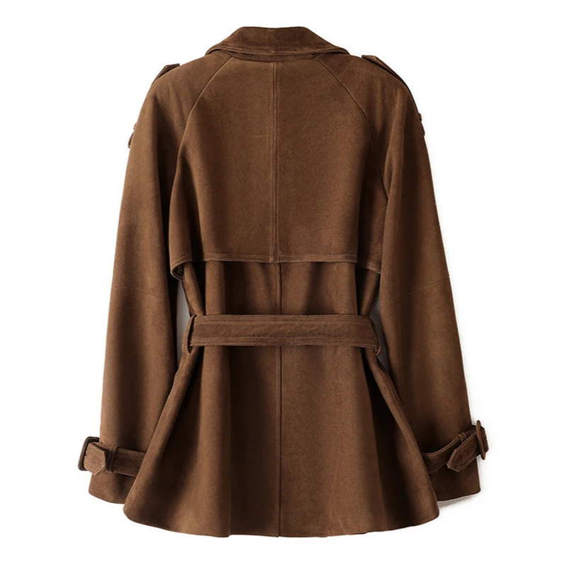 Real Suede Jacket for Women Autumn Winter Coffee Lapel Double-Breasted Belt Slim Medium to Long Genuine Leather Trench Coat
