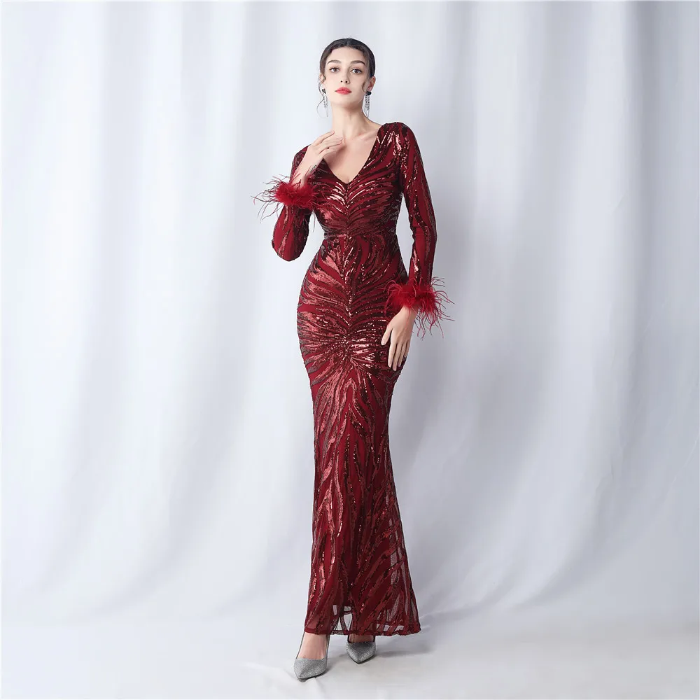 Sladuo Evening Fashion Dress For Women Winter Elegant Sexy V Neck Long Sleeve Maxi Dress Celebrity Night Club Party Sequin Dress