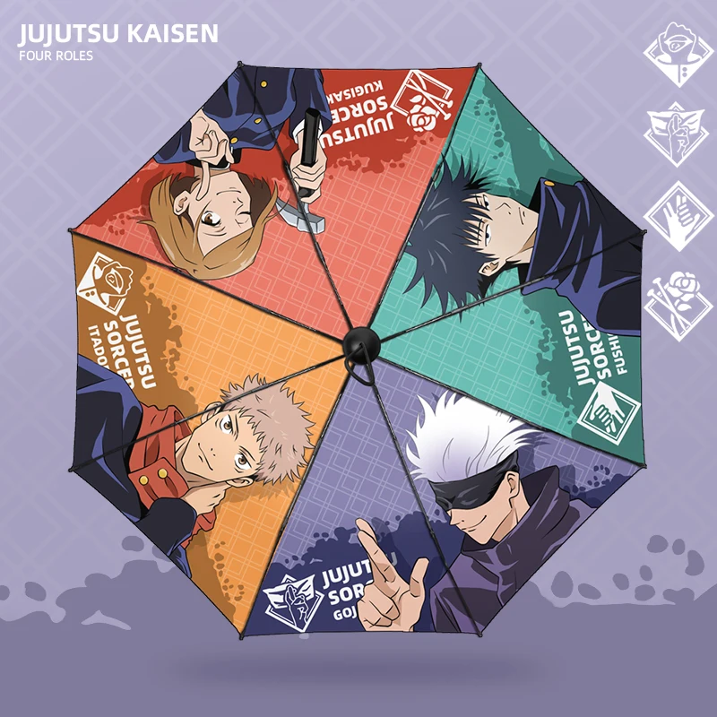 Anime Jujutsu Kaisen parasolka z nadrukiem czarny klej automatyczne potrójne Parasol do ochrony przed słońcem mężczyzn kobiet przenośny Parasol prezent