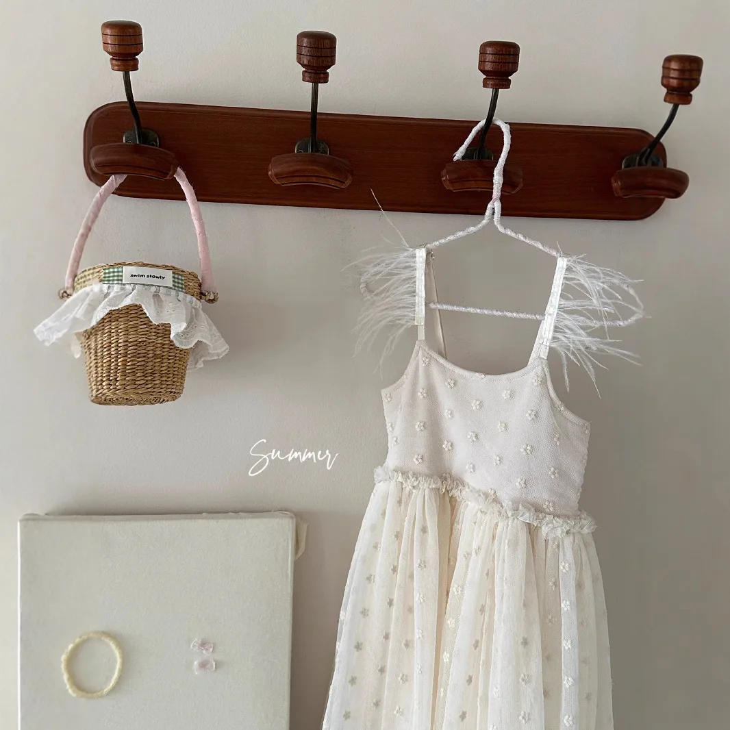 Girls' Feather Strap Dress Summer New Style Girls' Birthday Skirt Fairy Embroidery High Dress Skirt