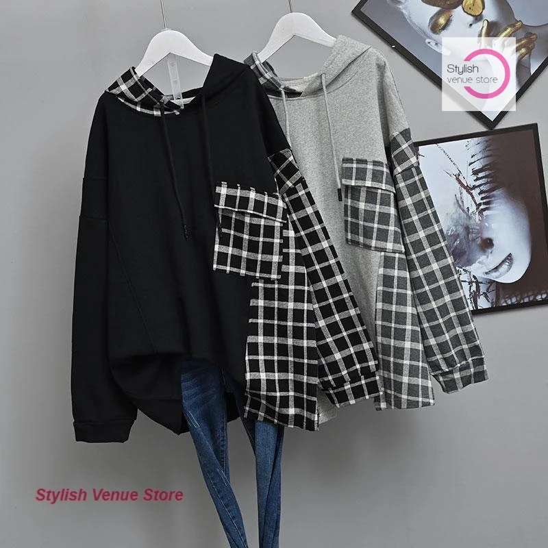 Korean style thin stitching plaid sweater women's spring and autumn new fashion plus size loose stitching plaid hooded top