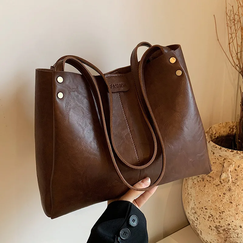 

Сумка-тоут из искусственной кожи в стиле ретро, большая вместительная пригородная сумка с прострочкой, горизонтальная квадратная сумка на плечо для женщин