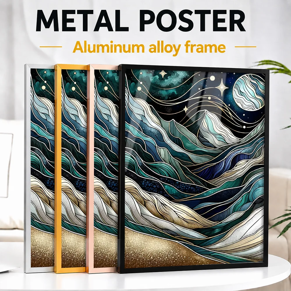 Abstract Night Moon Hills Framed Aluminum Metal Poster Customized Photo Gallery Style Wall Art For Studio Memorable Friend Gift
