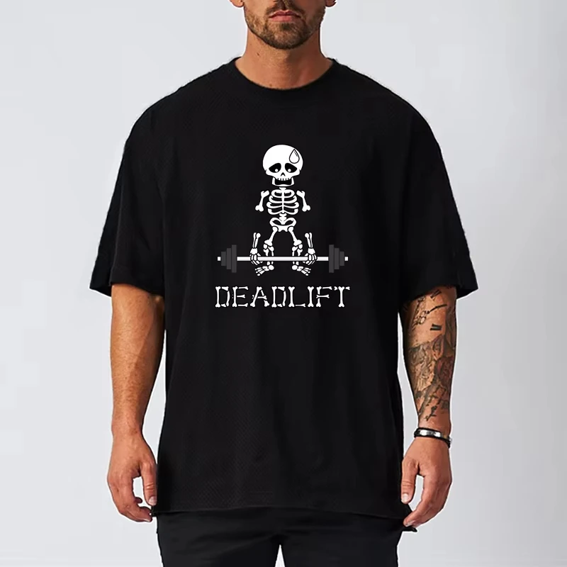 

Human Skeleton Deadlift Barbell Gym Clothing Men Fitness Oversized Loose T-Shirt Mesh Quick Dry Short Sleeved Bodybuilding Shirt