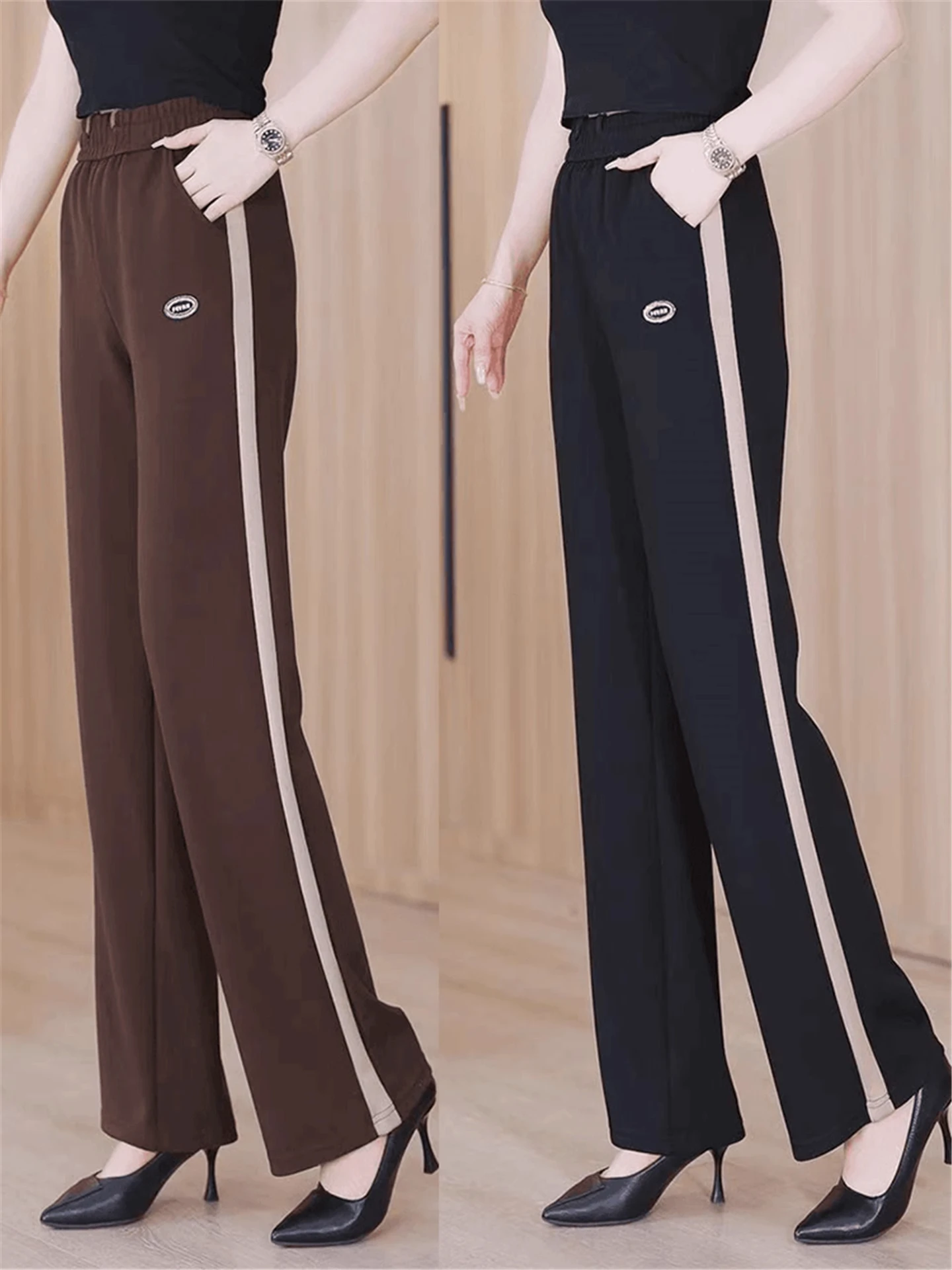 

Casual Straight Leg Pants Women's Color Blo Slimming Mid-aged Mom Outdoor Wear Large Size Sport Trousers High Waist Korean ...