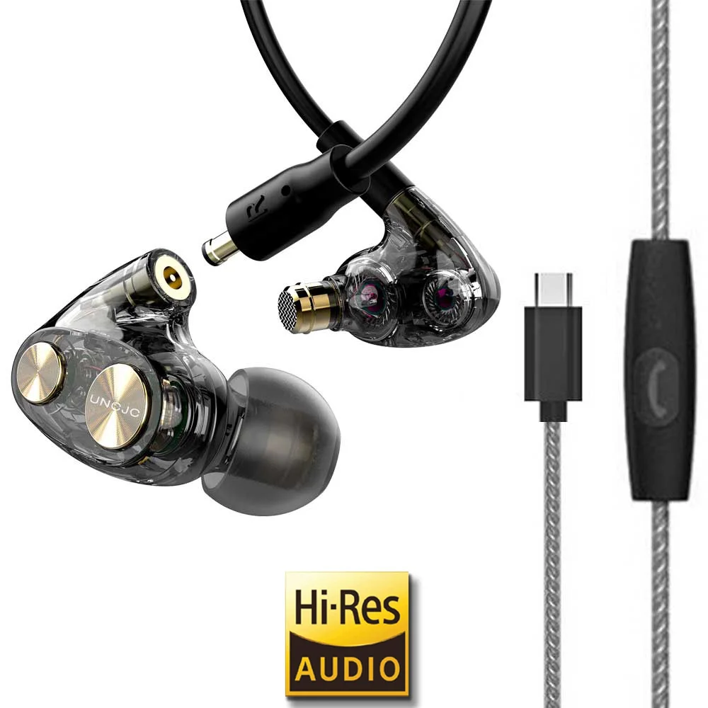 USB-C Earbuds Hi-Res Studio Monitor Earphones - Balanced Armature + Dual Dynamic Drivers, Detachable Cable with Mic, Wired