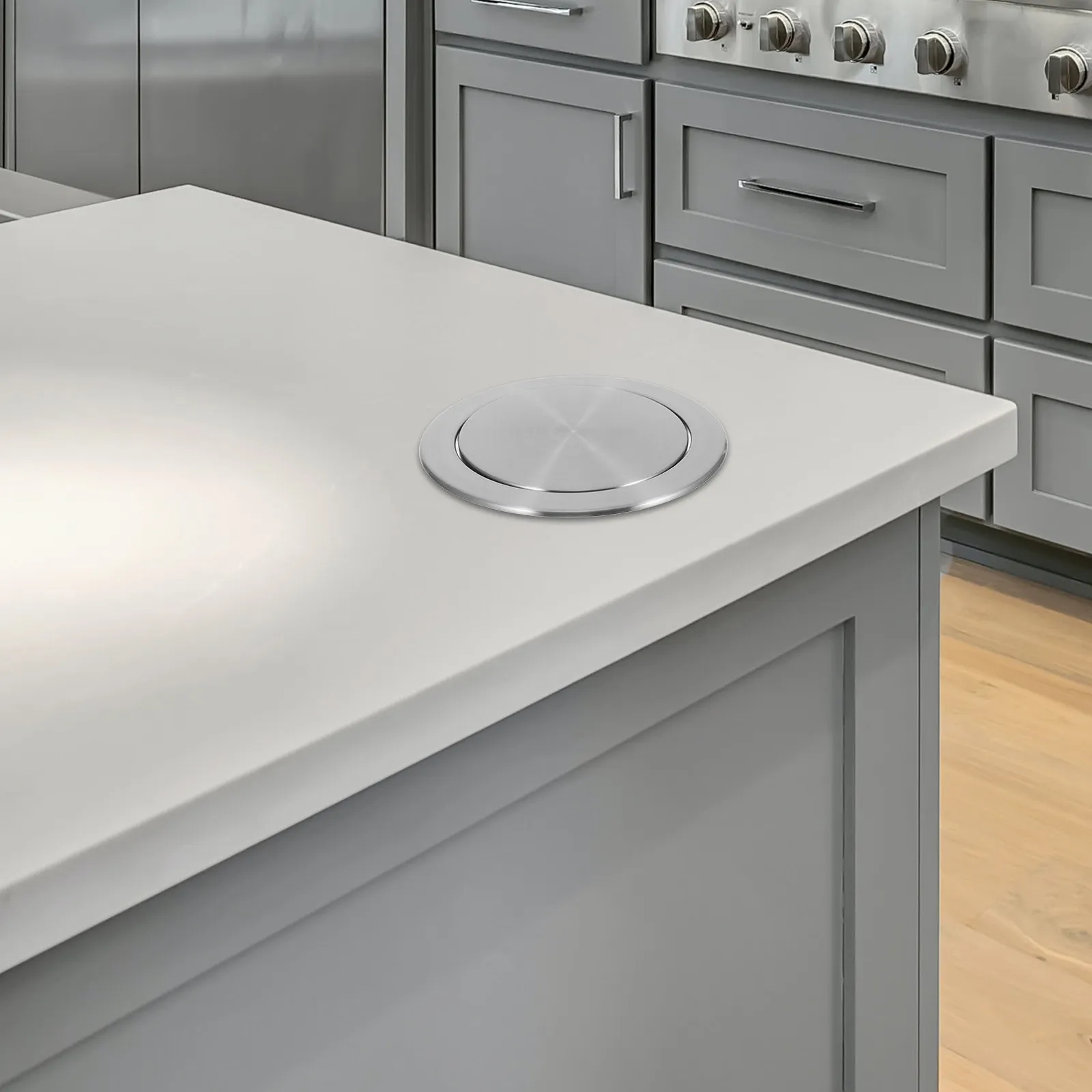 

Stainless Steel Tabletop Recessed Trash Lid Embedded Flush Mount Swing Cover for Kitchen Countertop Bathroom Waste Bin Accessory