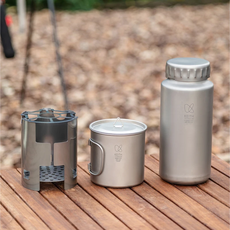 KEITH Pure Titanium Nesting Camping Set 1200ml Water Bottle + 650ml Mug + Titanium Wood Stove Portable Outdoor Cookware kit