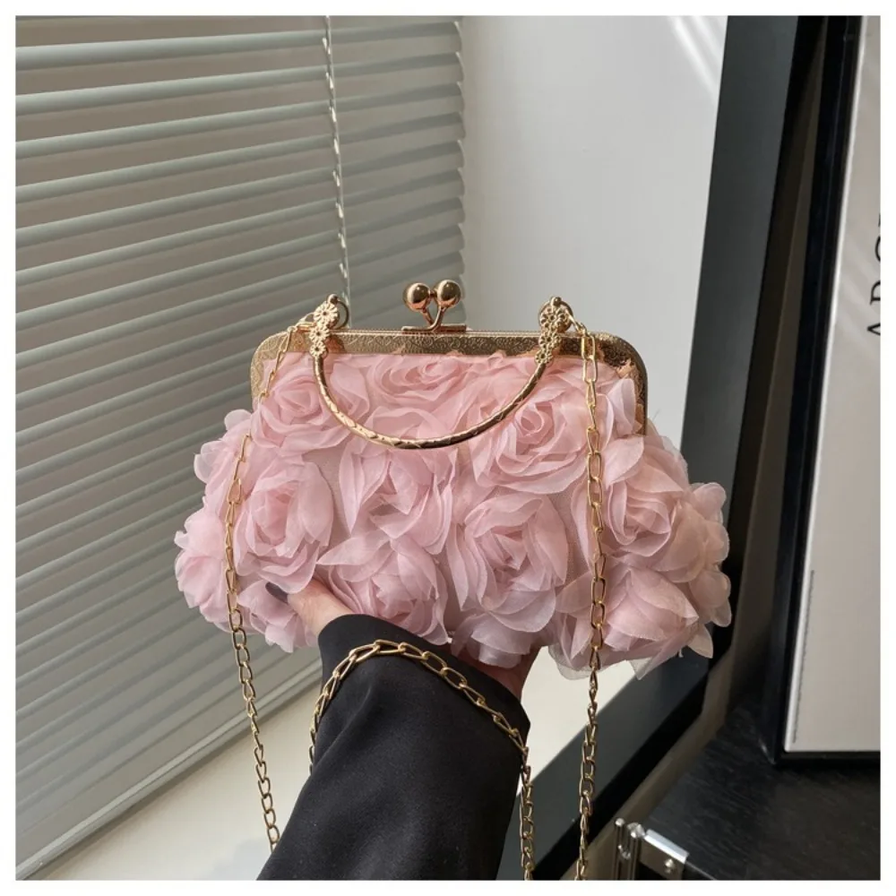 

Luxury Polyester Fiber Evening Bags Chain Chiffon Shoulder Bag 3D Flower Crossbody Bag Women