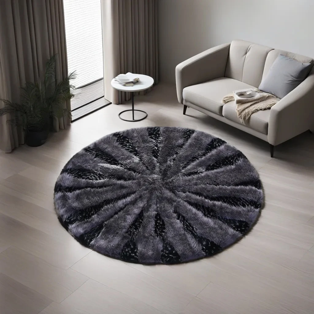 

Long Hair Faux Fur Grey Splicing Style Round Carpet for Bedroom Decor Fluffy Area Rugs for Living Room Washable Decor mat