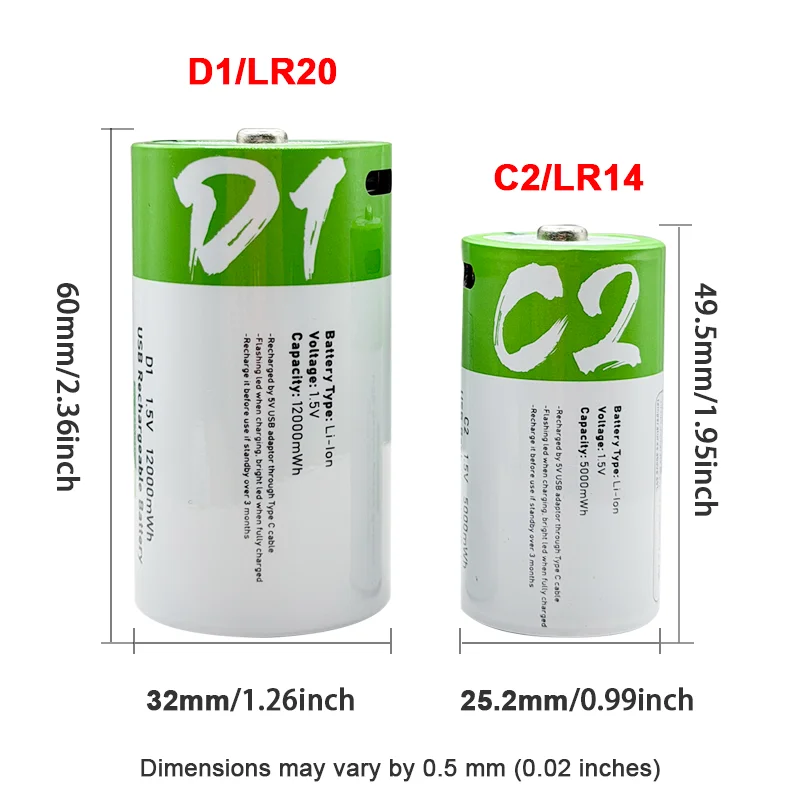 8PCS USB-C Rechargeable D Cell Batteries LR20 1.5V 12000mWh Li-ion Battery with Type-C Charging Cable, High Capacity for Gas Stove, Flashlight, Camping Lantern, Emergency Radio, Boombox, Battery Operated Devices