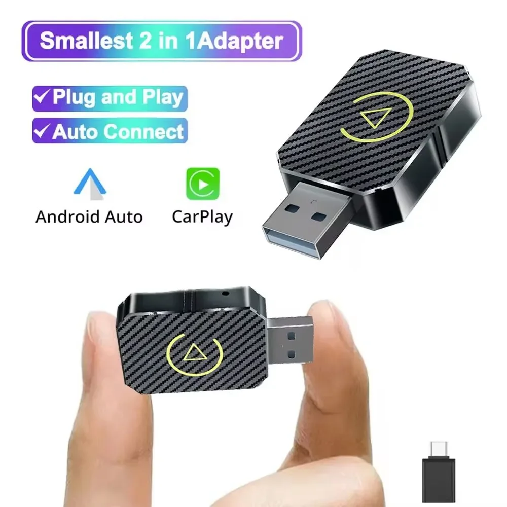 Nuevo adaptador CarPlay inalámbrico 2 en 1 y Mini adaptador inalámbrico automático Android, adaptador inalámbrico Carplay Plug Play WiFi tipo C/USB de 5Ghz