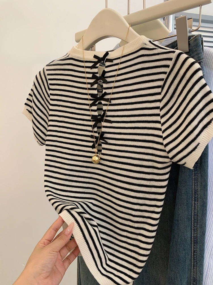 

Summer New Women's Slim Fit Knitted Short Sleeve T-Shirt Knot Hollow Back Stripe Design Comfortable Breathable Top