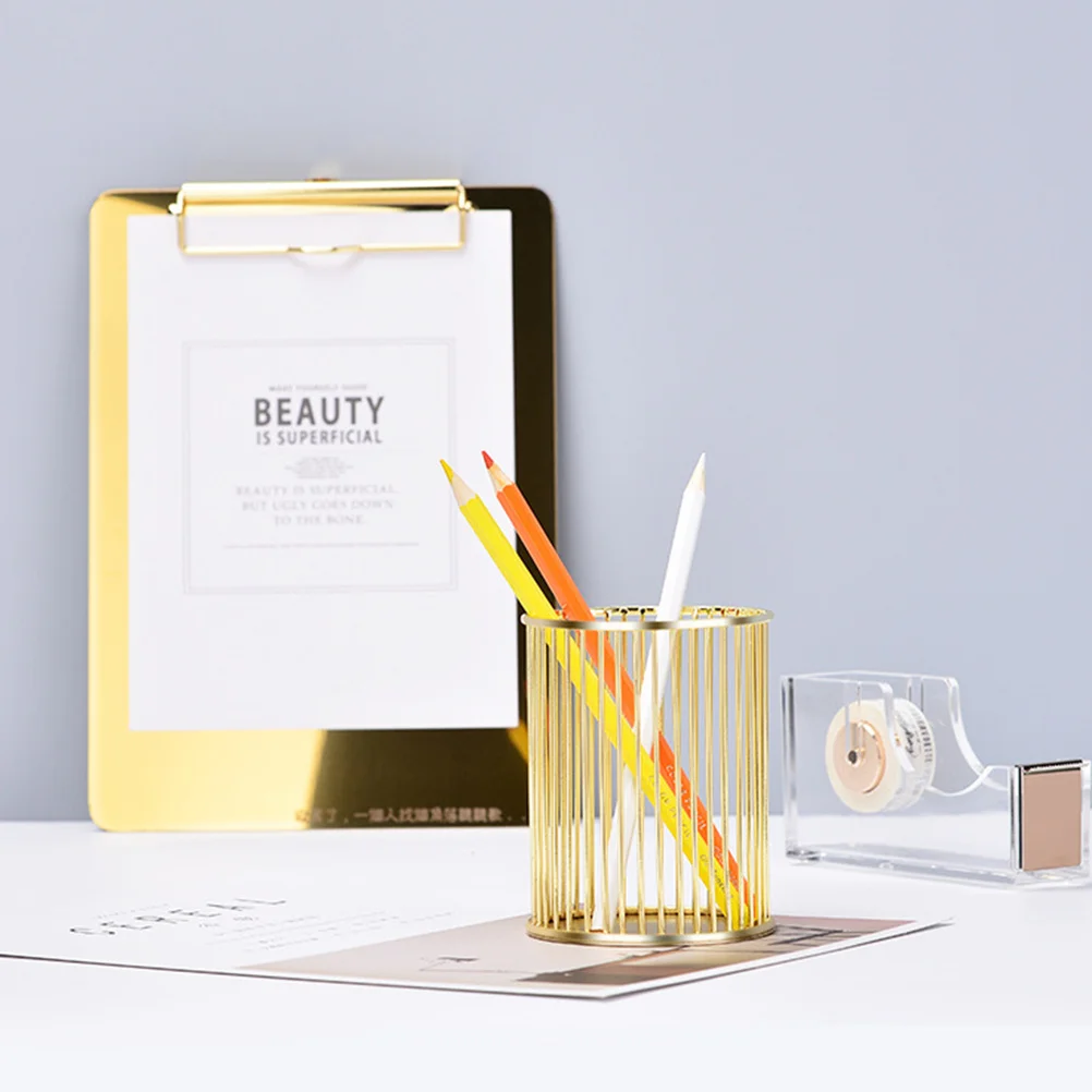 

Premium Iron Craft Pencil Holder Gold Sturdy Desk Organizer Pen Container for Office Home Stationery Storage Solution