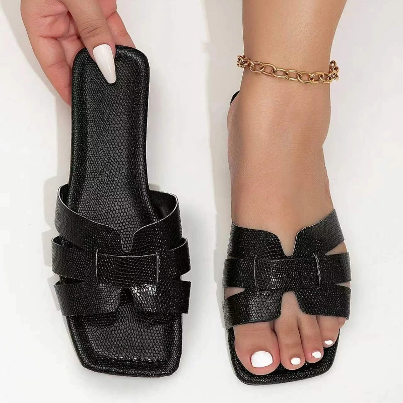 

Women Wide Fit Black Slides Sandals Summer Flat Slippers Square Toe Comfort Slip On Shoes Plus Size Casual Beach Sandals