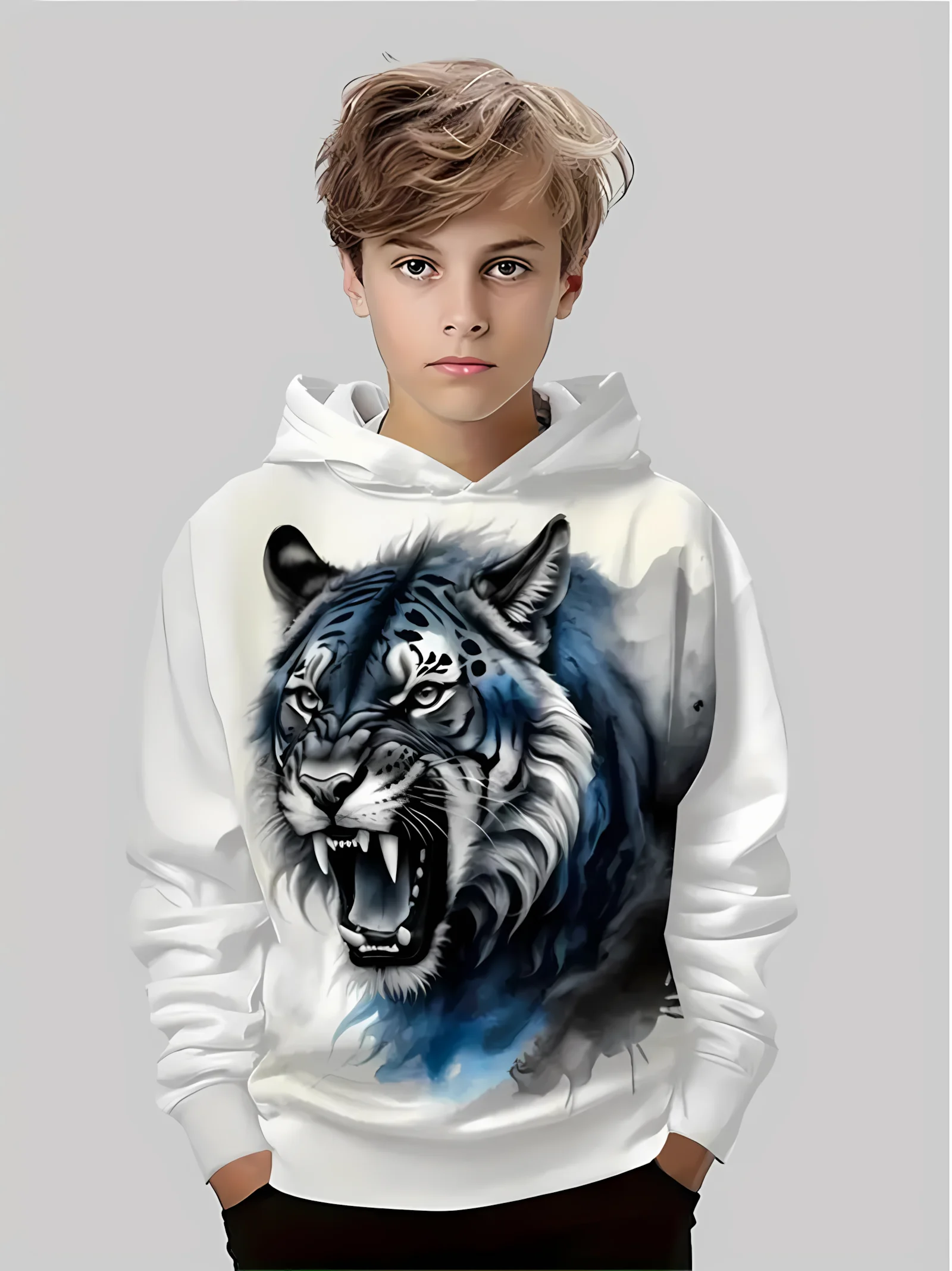 

The 2025 autumn new children's comfortable hoodie 3D fierce tiger print street casual fashion pullover