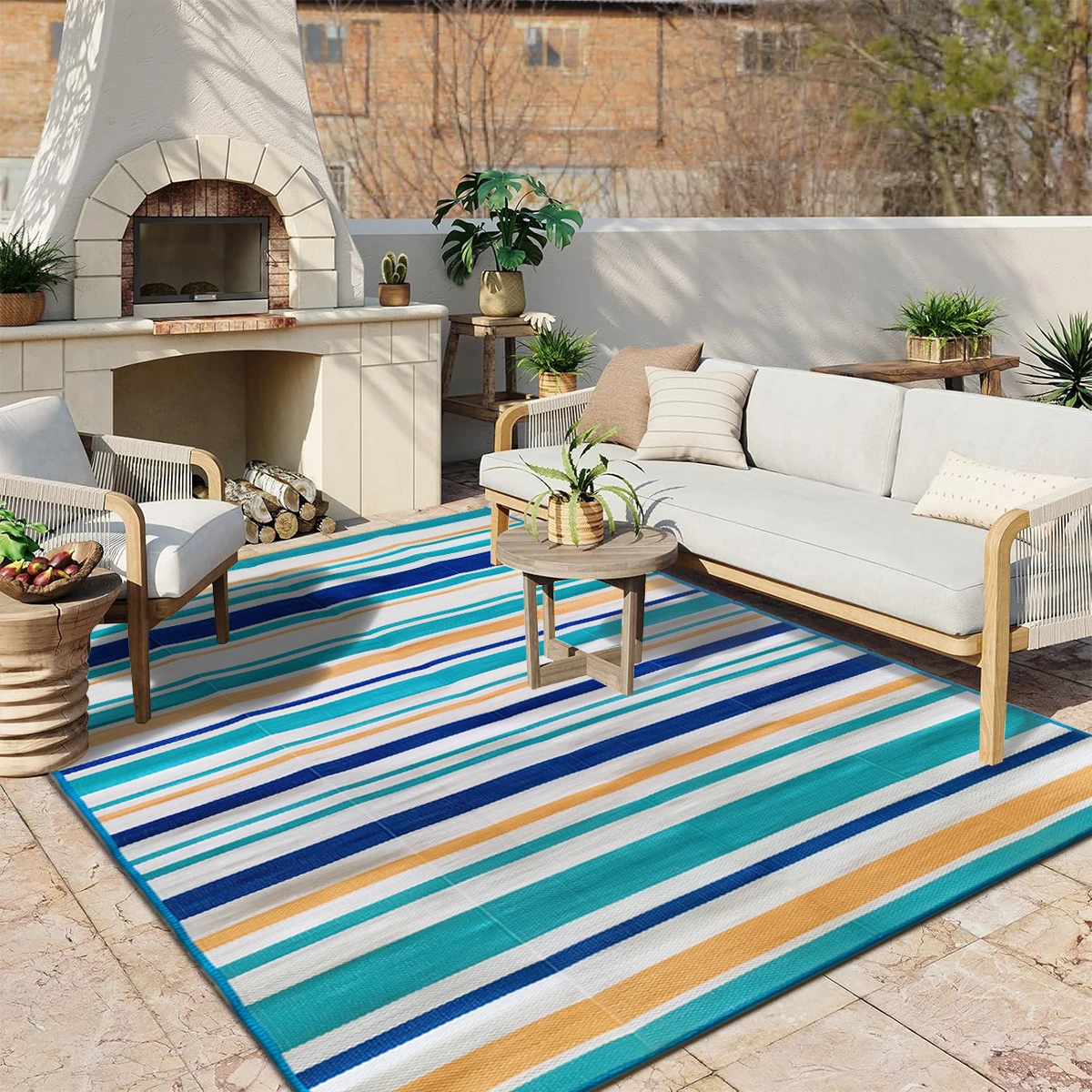 Indoor Outdoor Single Layer Waterproof Reversible Plastic Straw Patio Rugs PP Material Striped Style Carpets Picnic Mat