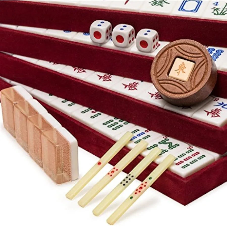 Yellow Mountain Imports Classic Chinese Mahjong Game Set Champagne Gold - with 148 Medium Size Tiles and a Wooden Case - for Ch